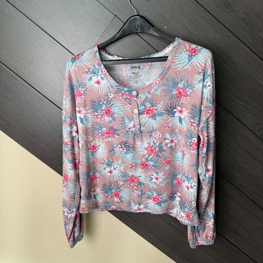 Hurley Women Small Tropical Floral Henley Top Pink Blue Elastic Hem Long Sleeve